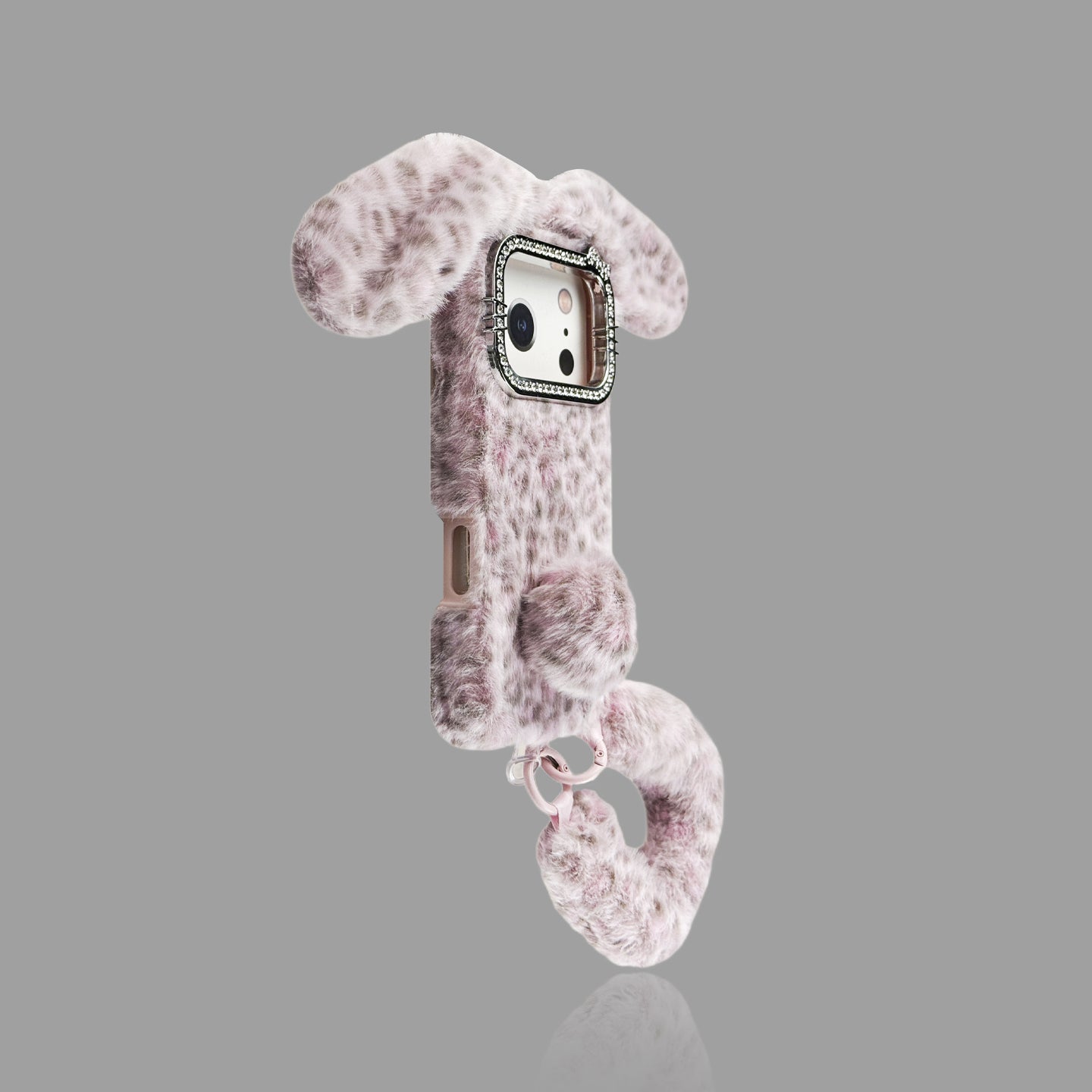 Leopard Plush Bunny Ear iPhone Case – Rhinestone Camera Frame
