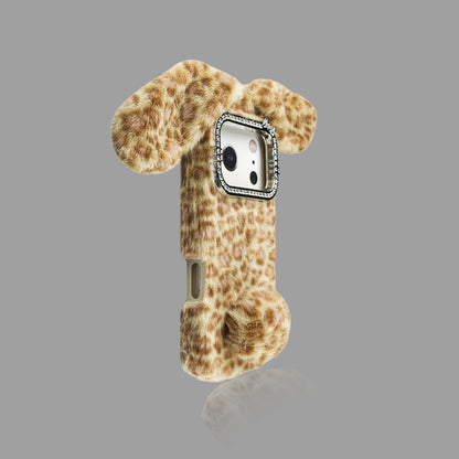 Leopard Plush Bunny Ear iPhone Case – Rhinestone Camera Frame