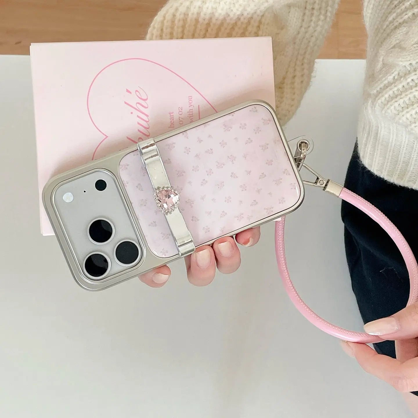 Pink Floral Heart Rhinestone iPhone Case Gentle Style SEACASE