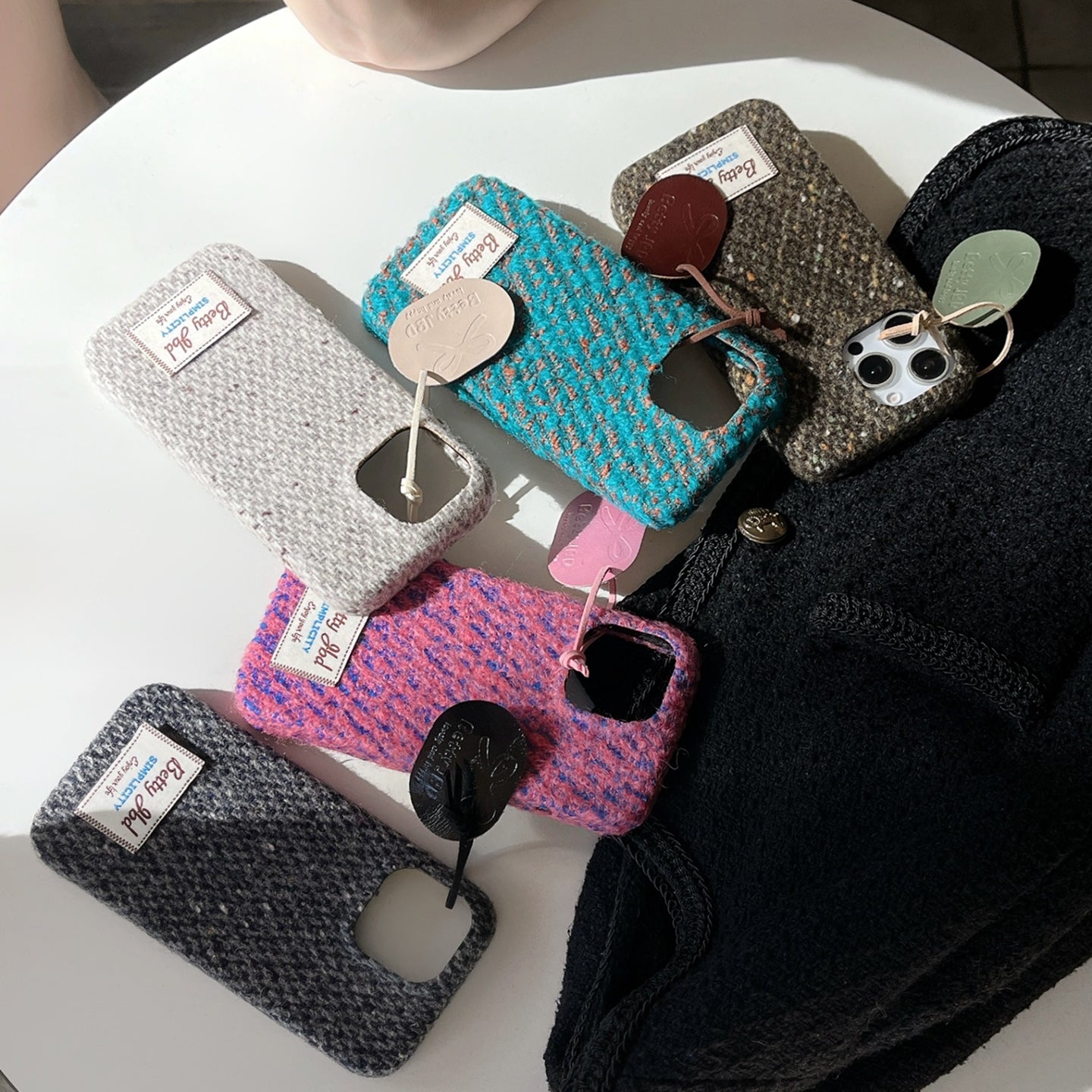 Retro Knit Fluffy iPhone Case - Cozy Winter Style with Leather Pendant