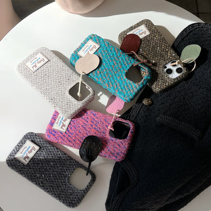 Retro Knit Fluffy iPhone Case - Cozy Winter Style with Leather Pendant