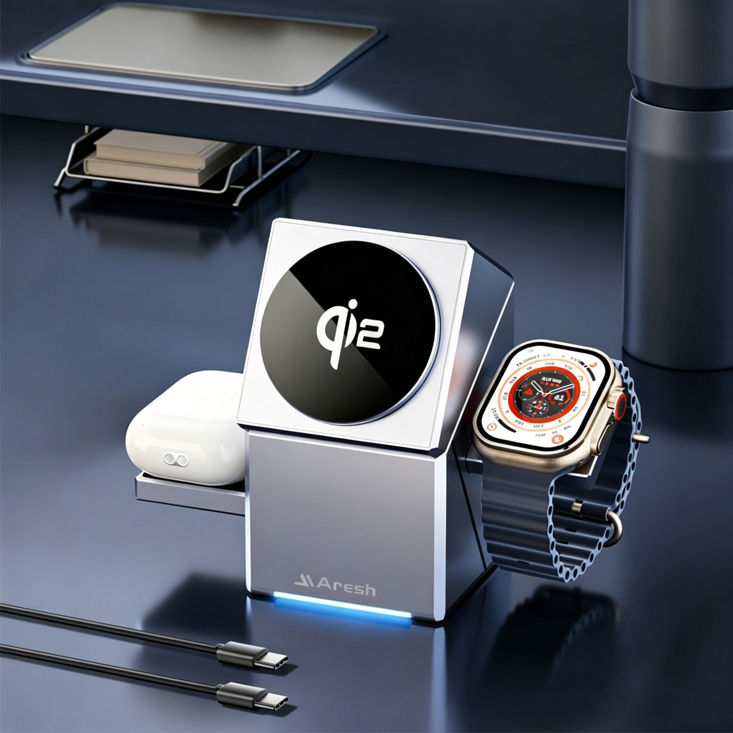 3-in-1 Electric Touch Rotating Magnetic Wireless Charger, Cube Charging Station for iPhone, Apple Watch & AirPods