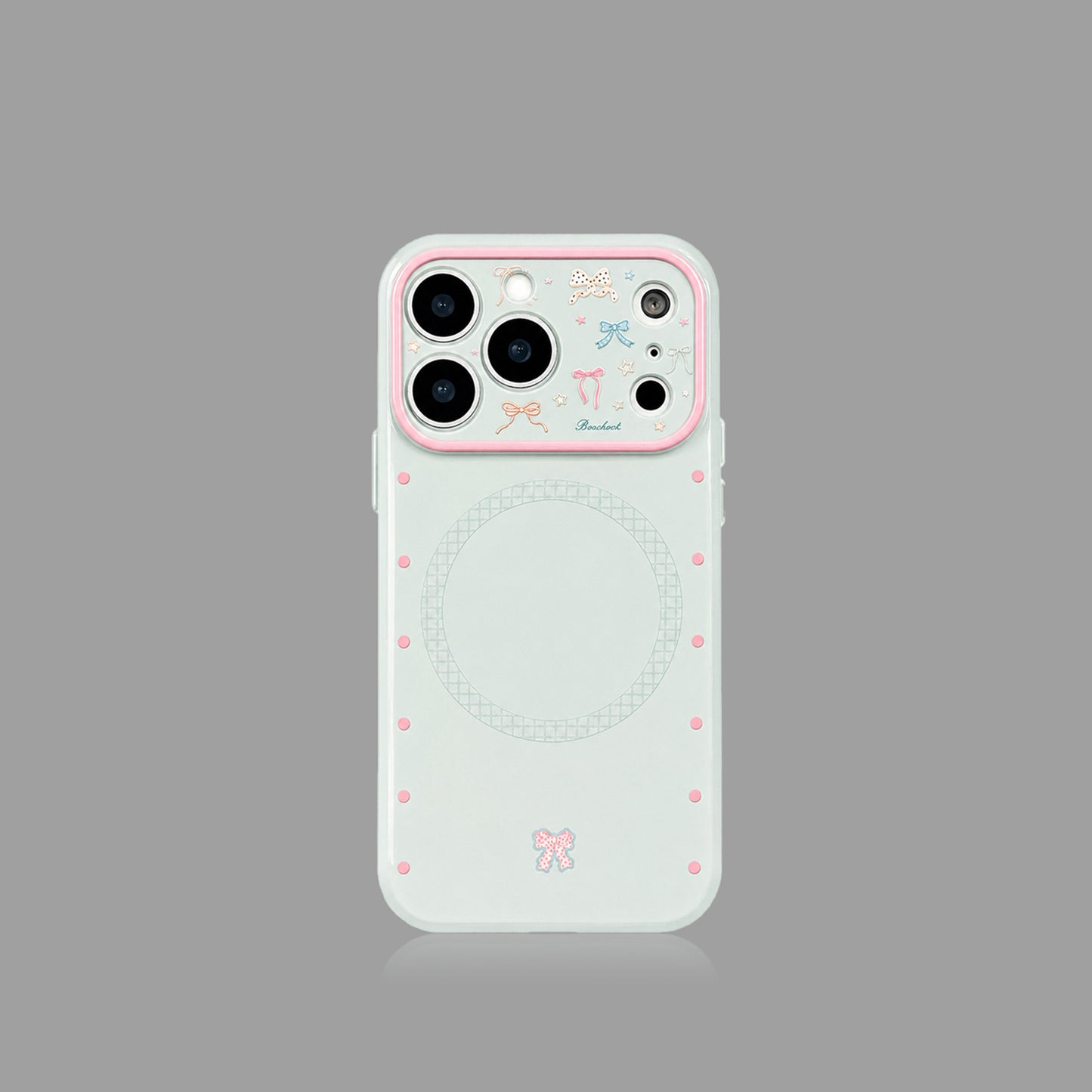 Ice Blue Polka Dot & Bow MagSafe iPhone Case with Heart Stand