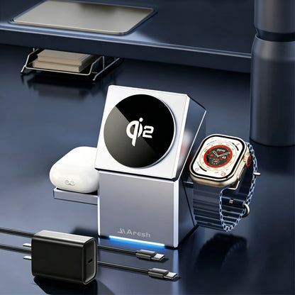 3-in-1 Electric Touch Rotating Magnetic Wireless Charger, Cube Charging Station for iPhone, Apple Watch & AirPods