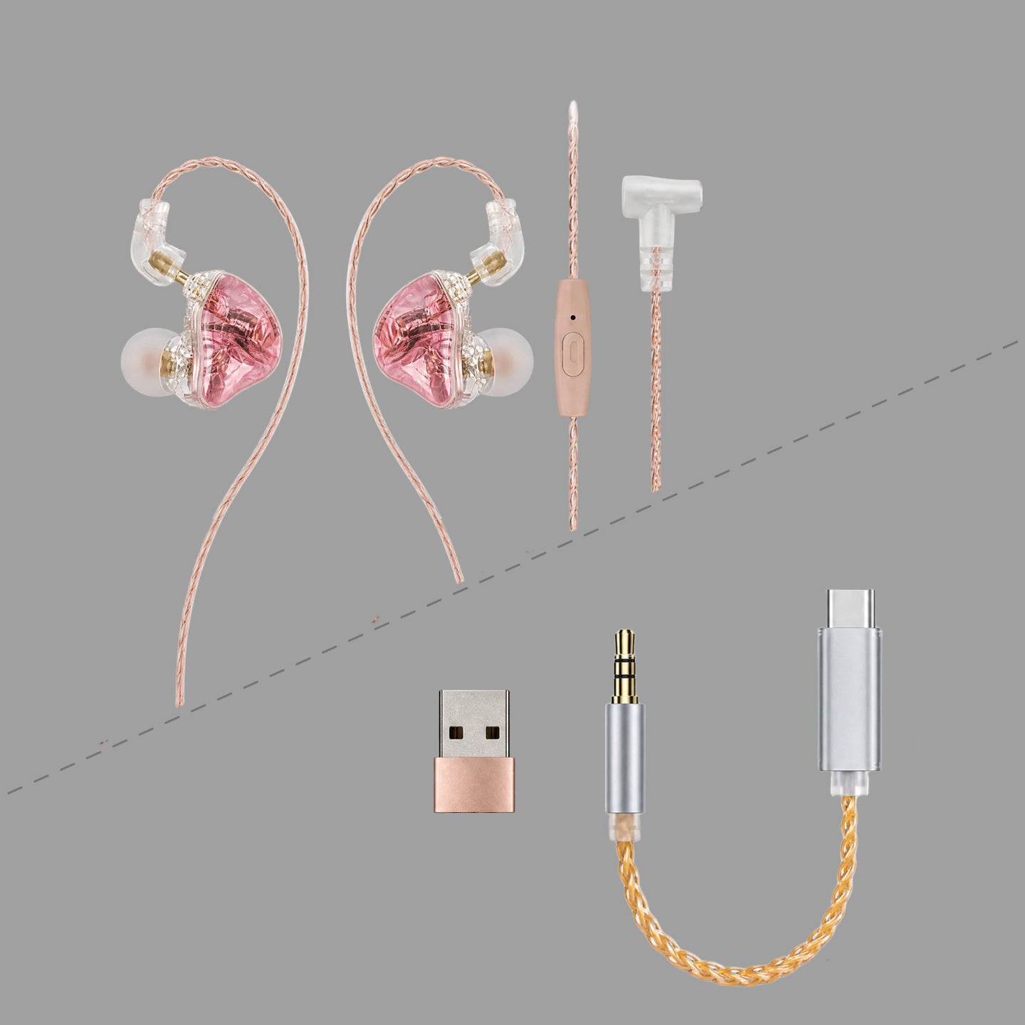 Cherry Pink Clear Shell Wired IEM Earphones with Mic, Optional Lightning / Type-C / USB Audio Adapters for iPhone Android PC Gaming Streaming