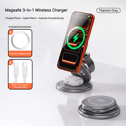 3 in 1 Foldable Magnetic Wireless Charger, Rotatable MagSafe Charging Station for iPhone, iWatch & AirPods