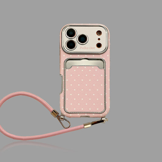 マカロンカラー水玉模様iPhoneケース、ソフト全面保護、カードホルダー＆ストラップ付き