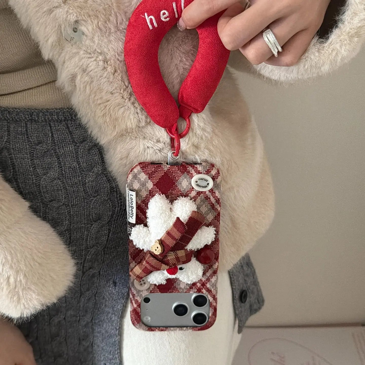 Fuzzy Plaid Scarf Bear iPhone Case SEACASE