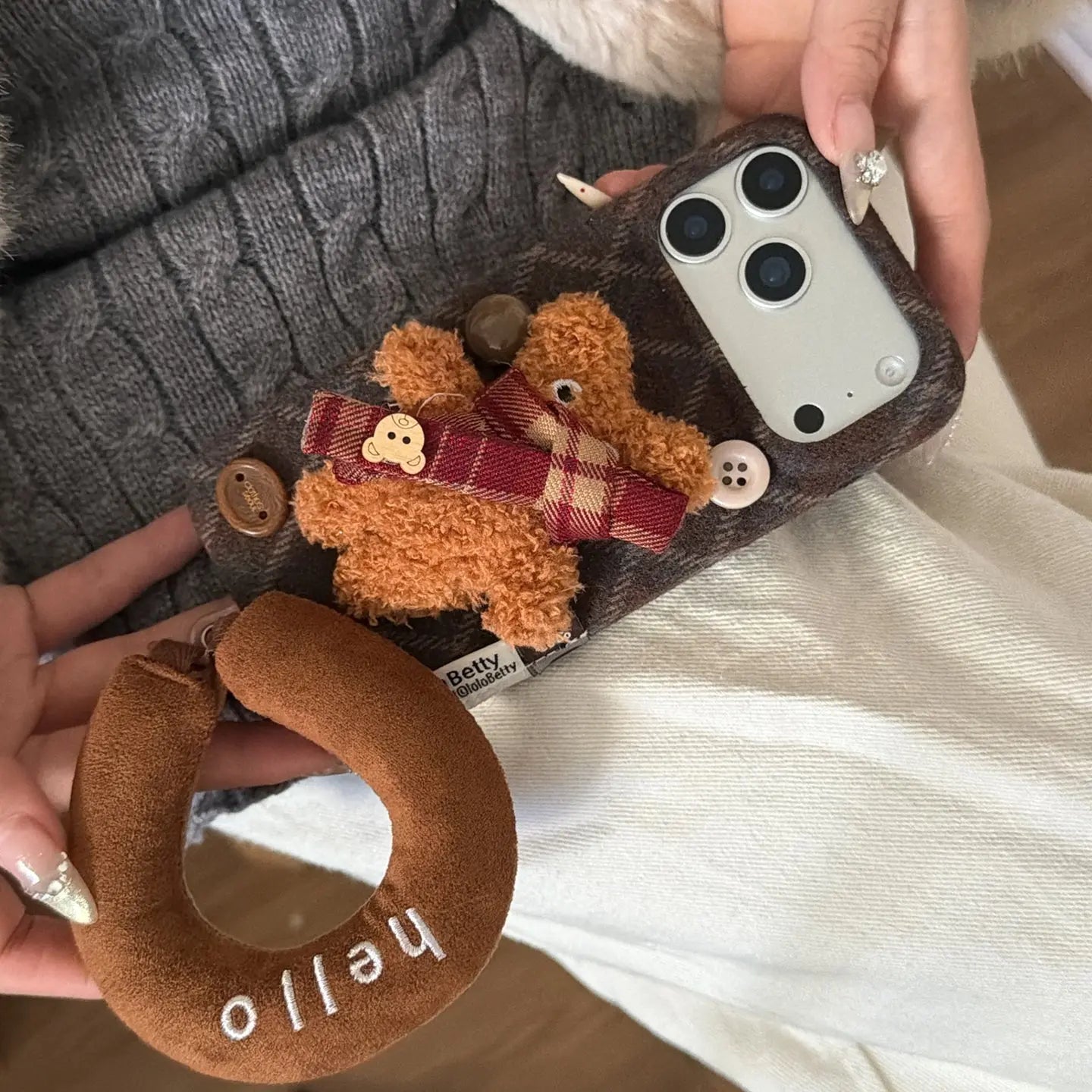 Fuzzy Plaid Scarf Bear iPhone Case SEACASE