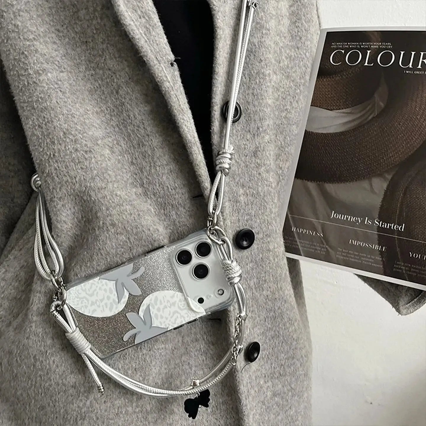 Transparent Gray Strawberry iPhone Case with Silver Leather Strap SEACASE