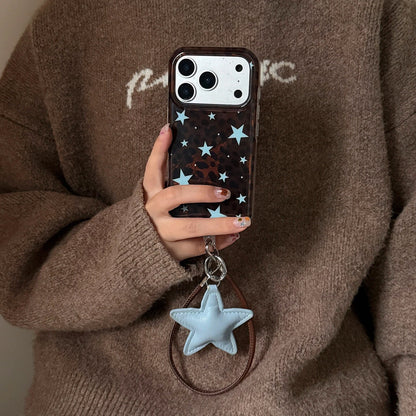 ダークブラウン ヒョウ柄 iPhoneケース ブルースターアクセント 反射する錫箔テクスチャ