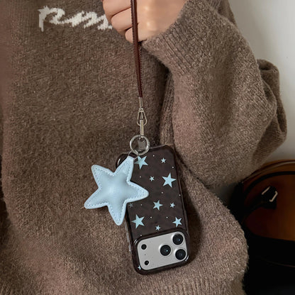 ダークブラウン ヒョウ柄 iPhoneケース ブルースターアクセント 反射する錫箔テクスチャ